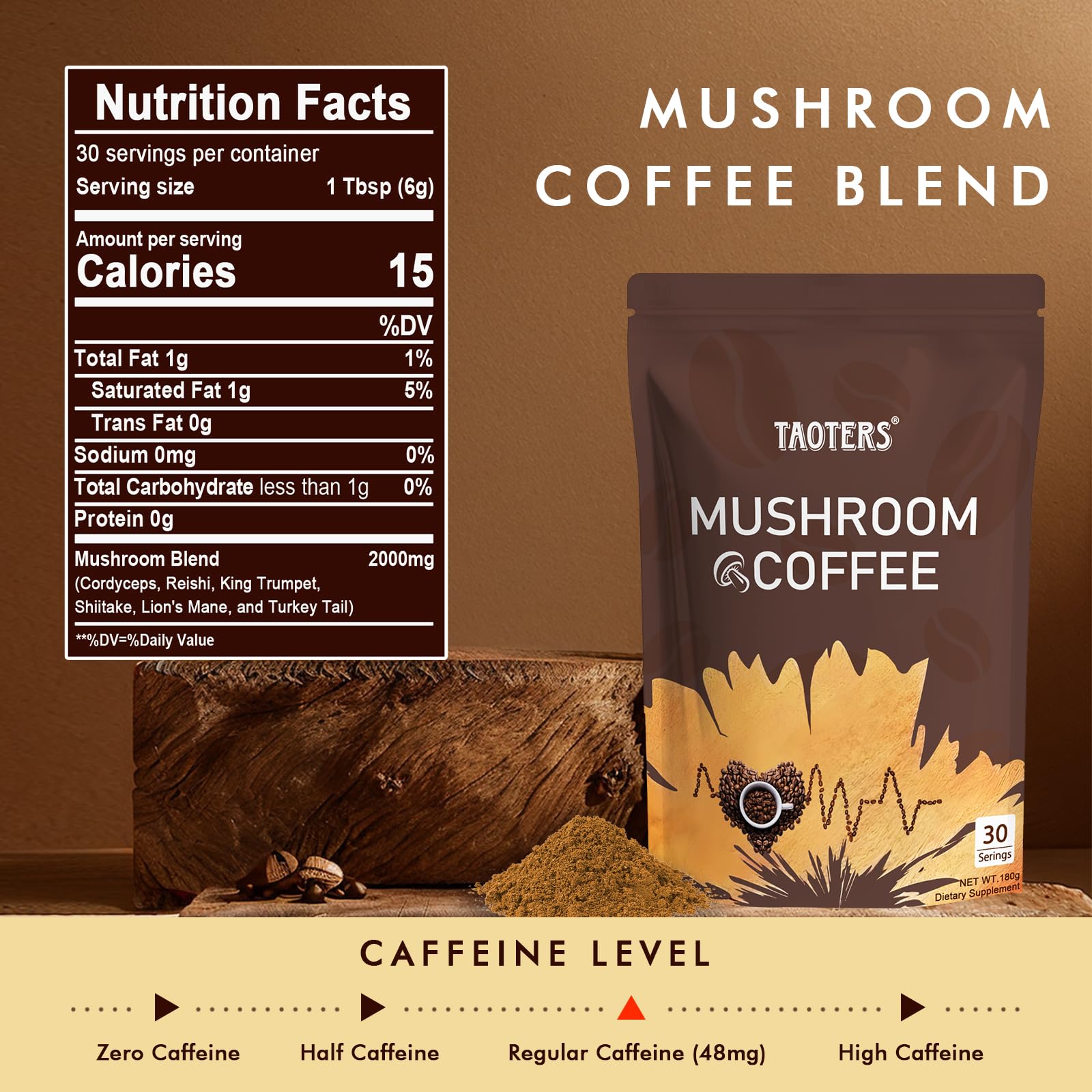 TAOTERS adaptogenic mushroom coffee powder bag showing 30 servings details