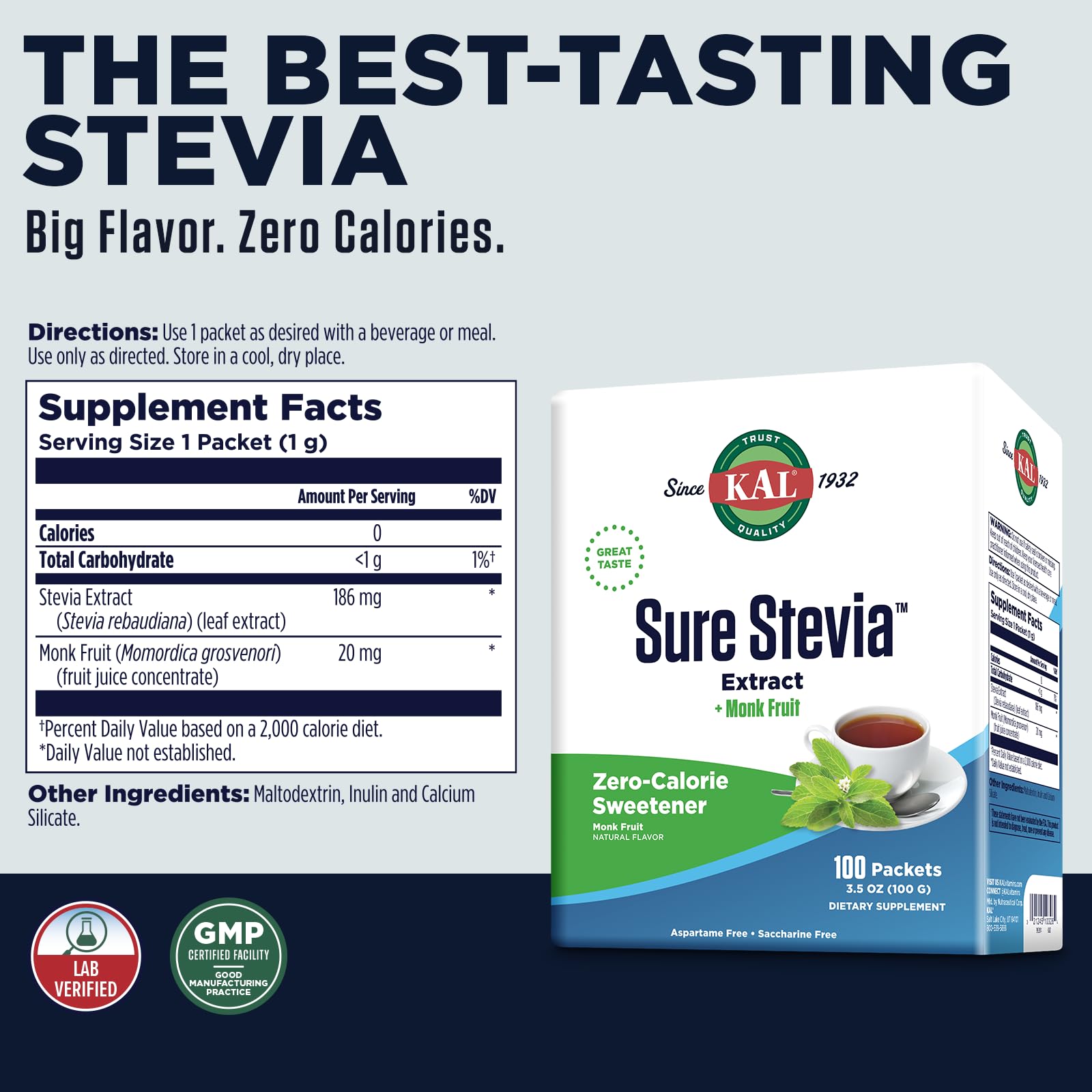 KAL plant based zero calorie sugar substitute packets nutritional information