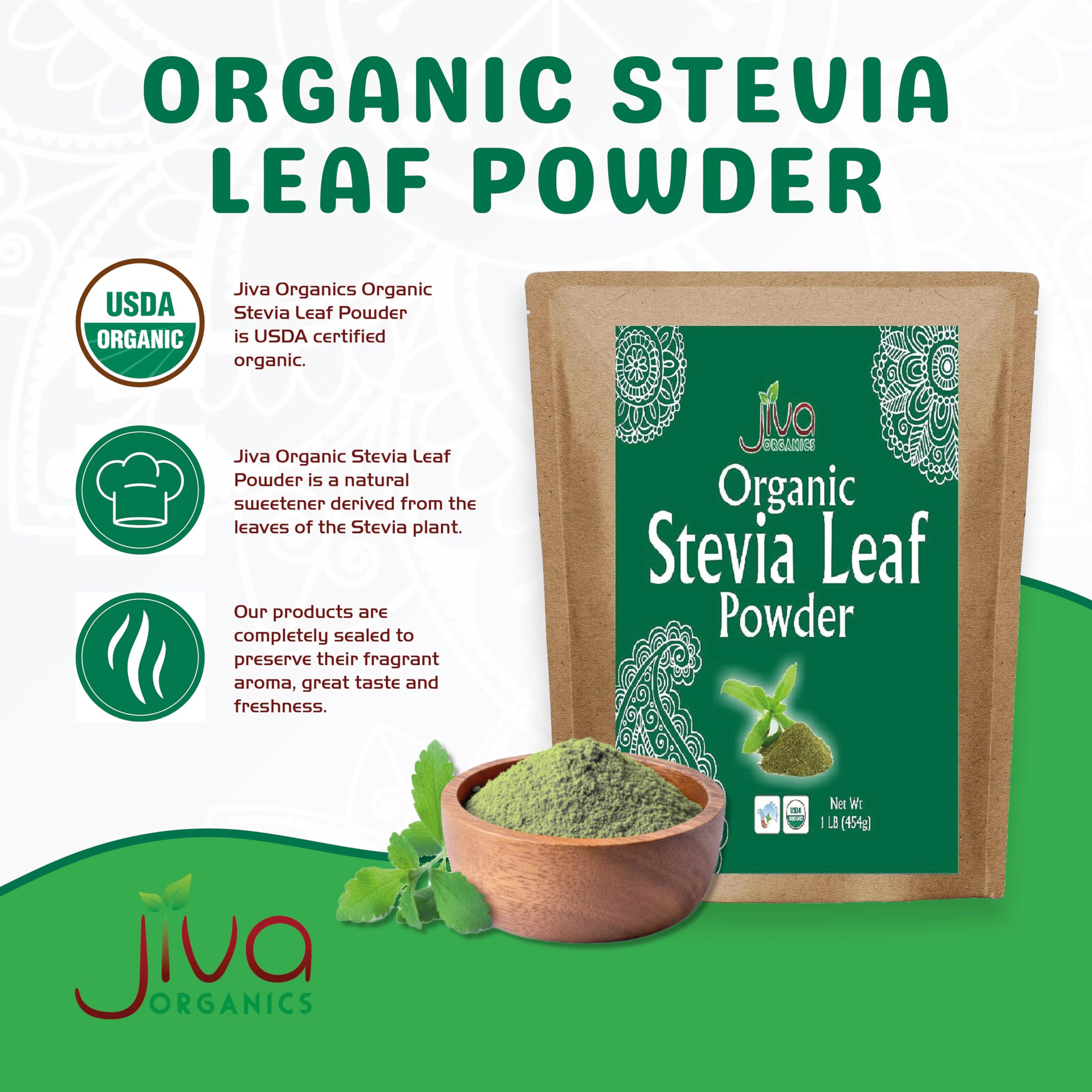 Jiva Organics green stevia leaf powder bulk kraft bag showing nutritional information
