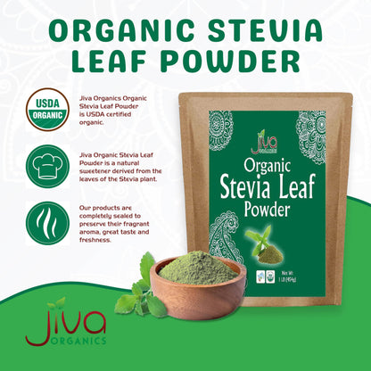 Jiva Organics green stevia leaf powder bulk kraft bag showing nutritional information