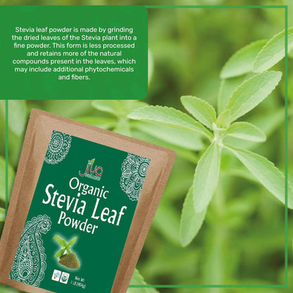 Close up of raw organic green stevia powder texturing a zero calorie sweetener