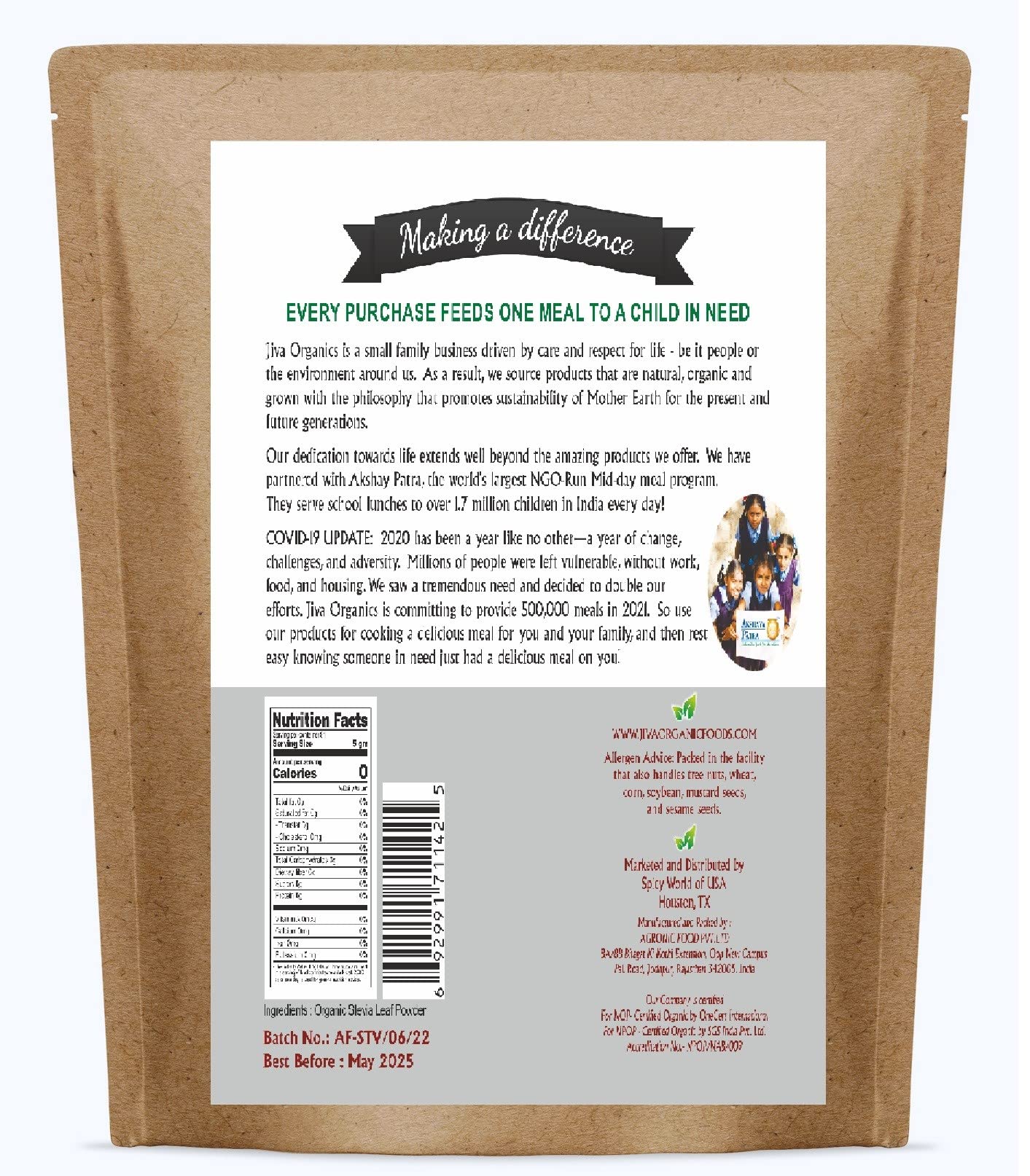 Side angle of Jiva Organics one pound stevia leaf powder bulk packaging