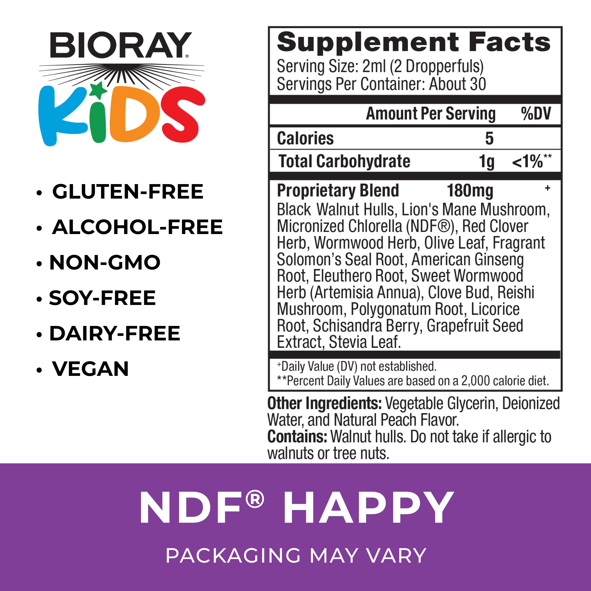 BIORAY kids herbal drops peach flavor supplement facts and ingredient label
