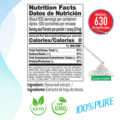 BSL BSweetBNatural zero calorie keto friendly stevia extract powder nutrition facts label closeup