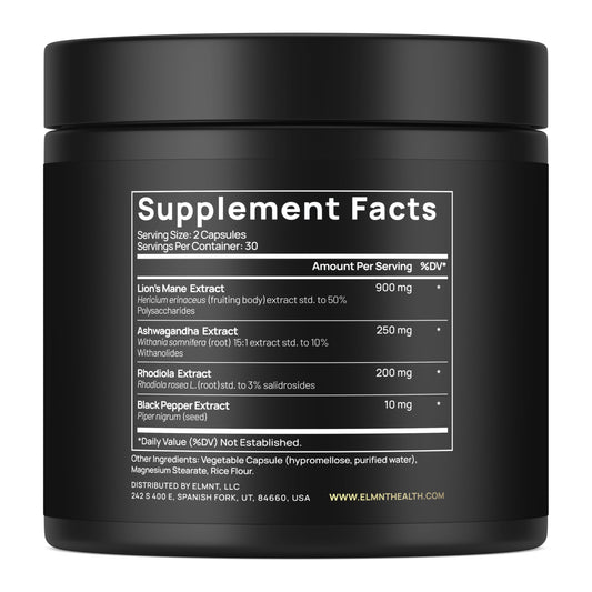 Terra Elmnt ultra concentrated nootropic supplement container showcasing supplement facts and ingredients.