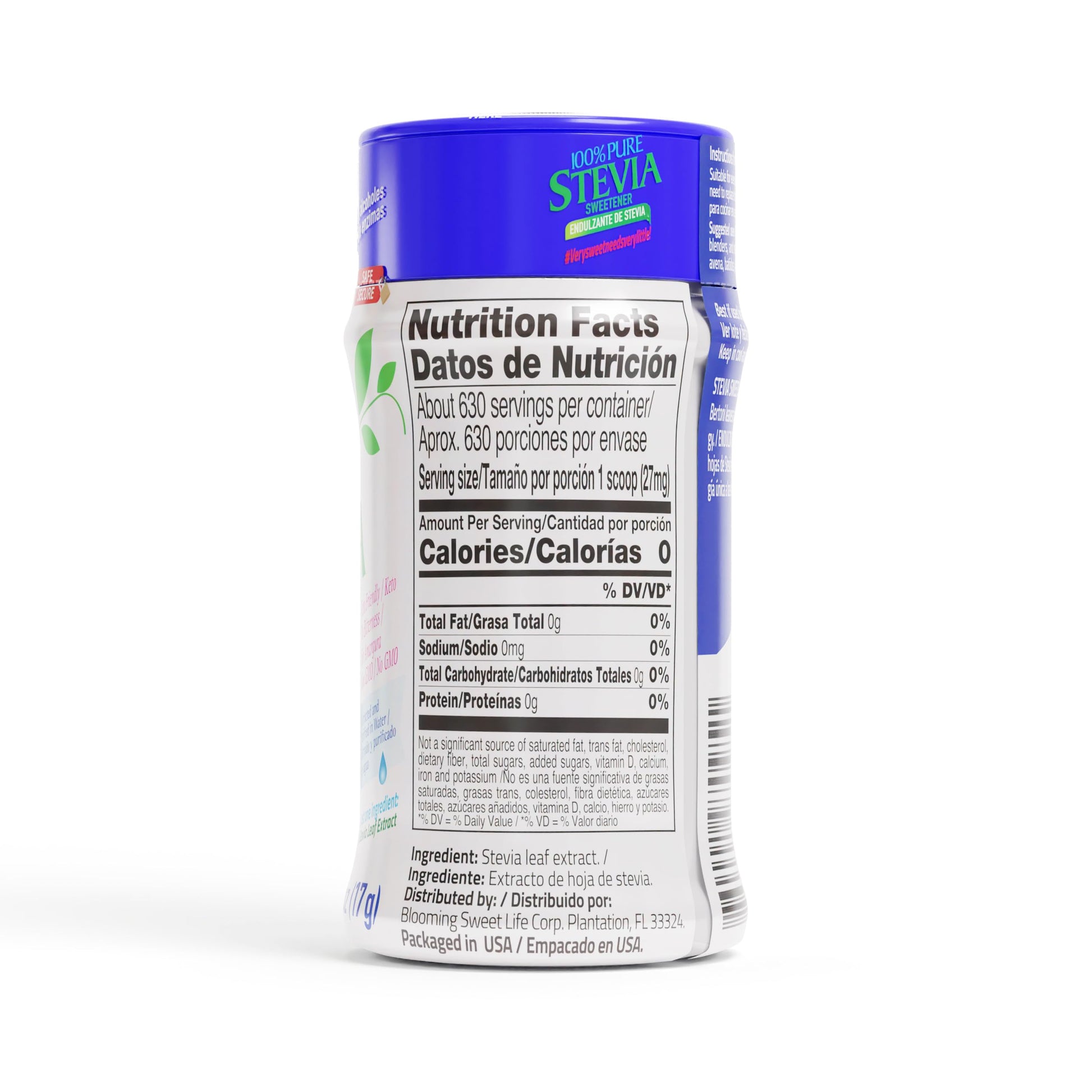 Imported water extracted pure stevia leaf powder 0.6 ounce container showing ingredients