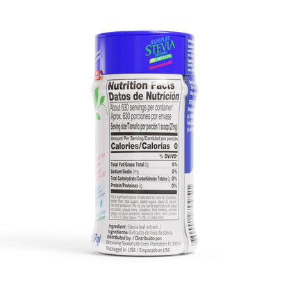 Imported water extracted pure stevia leaf powder 0.6 ounce container showing ingredients