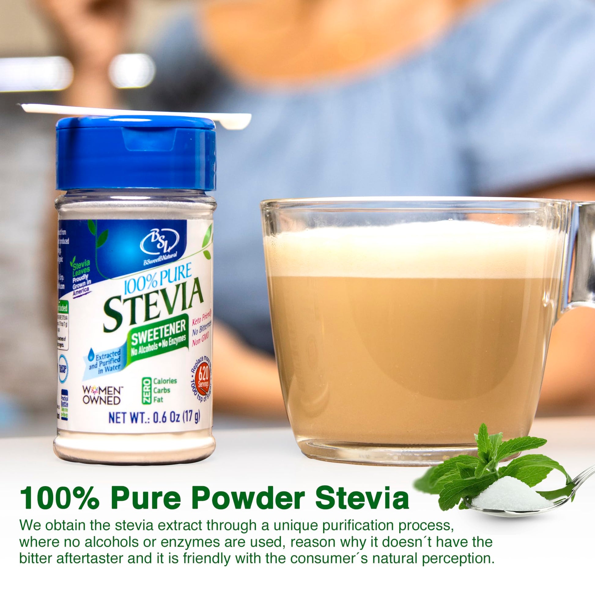 Micro dosing scoop included inside BSL BSweetBNatural pure stevia green leaf extract bottle