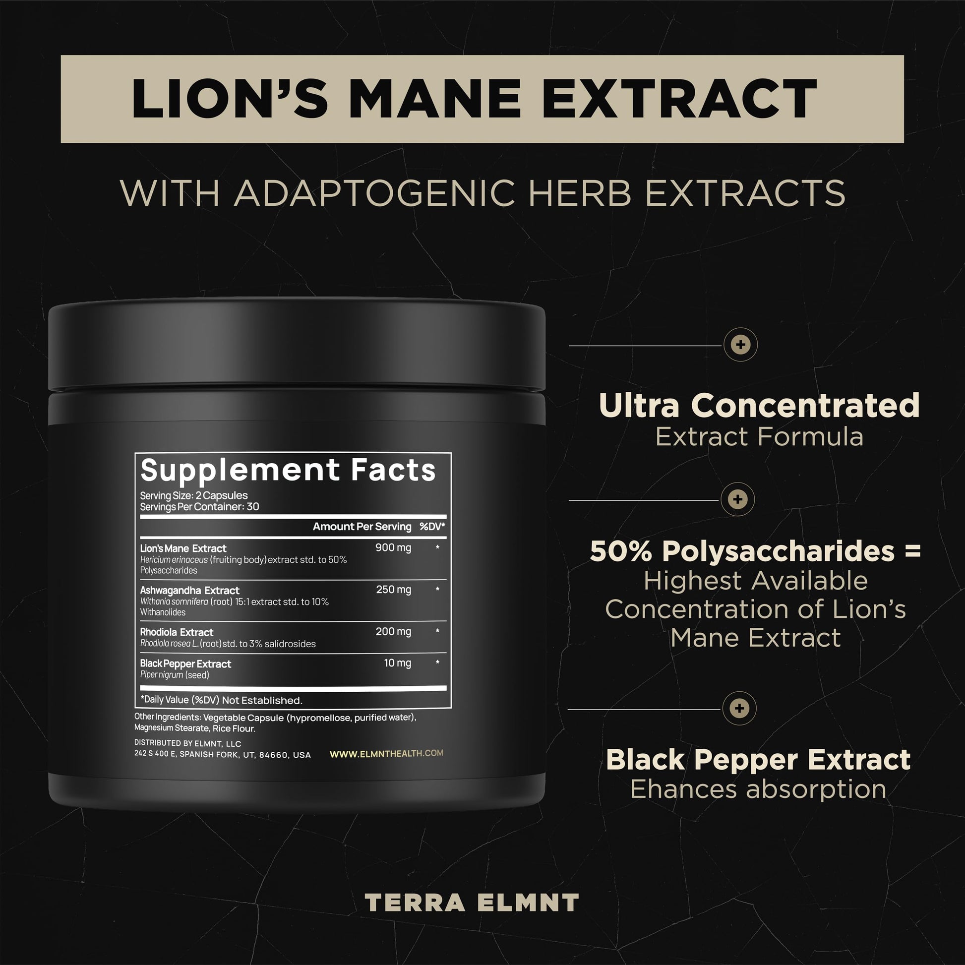 Terra Elmnt 16 to 1 concentrated dietary supplement for natural stress relief and mental clarity.