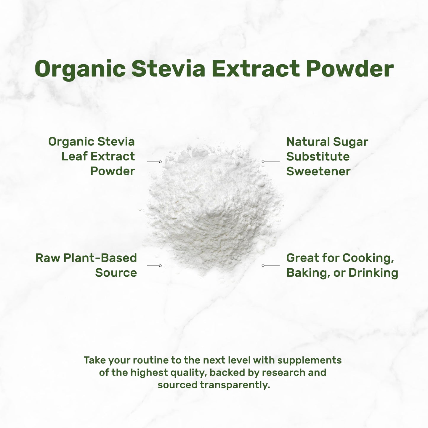 Close up shot of the pure white stevia leaf extract powder being measured with a small spoon for kitchen use.