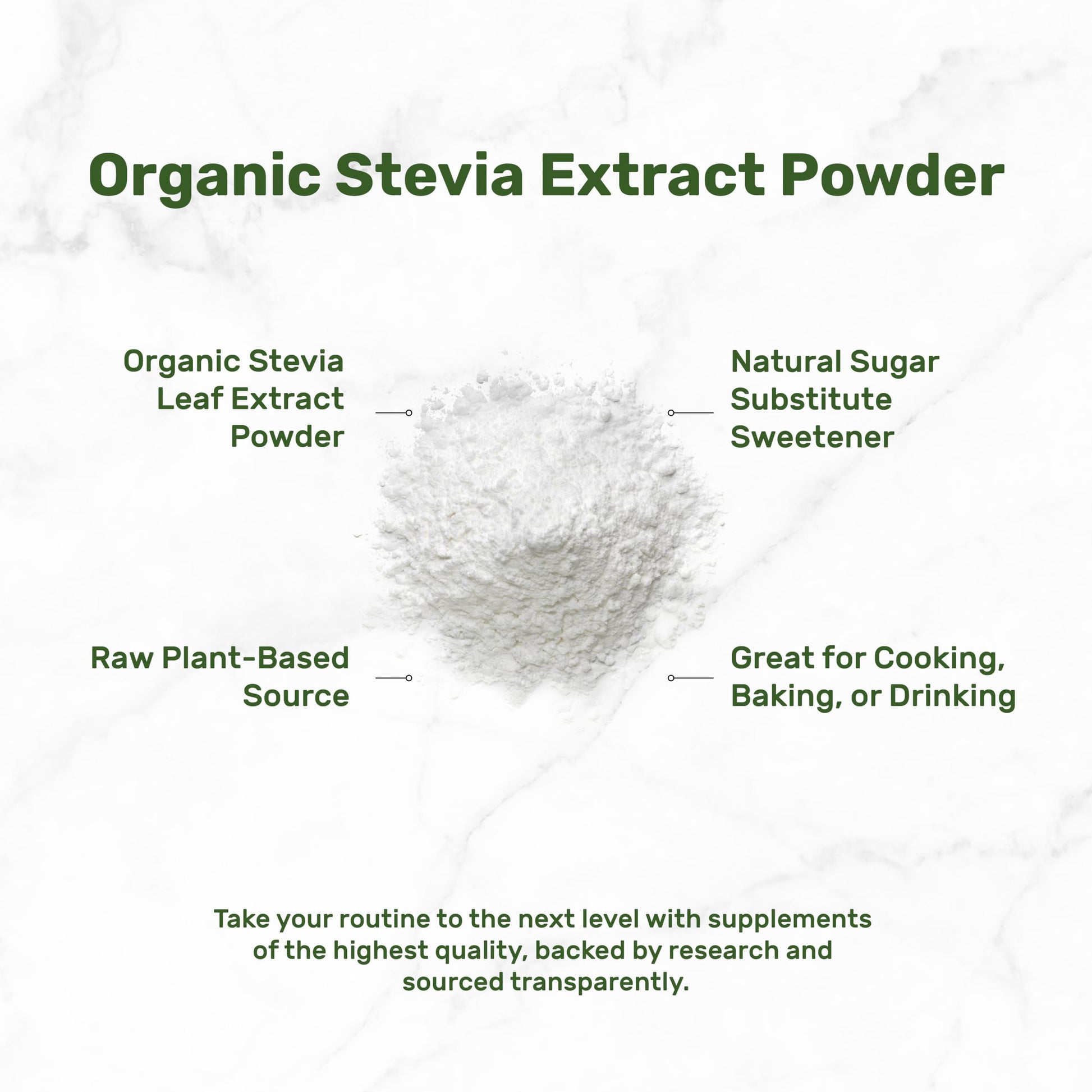 Close up shot of the pure white stevia leaf extract powder being measured with a small spoon for kitchen use.