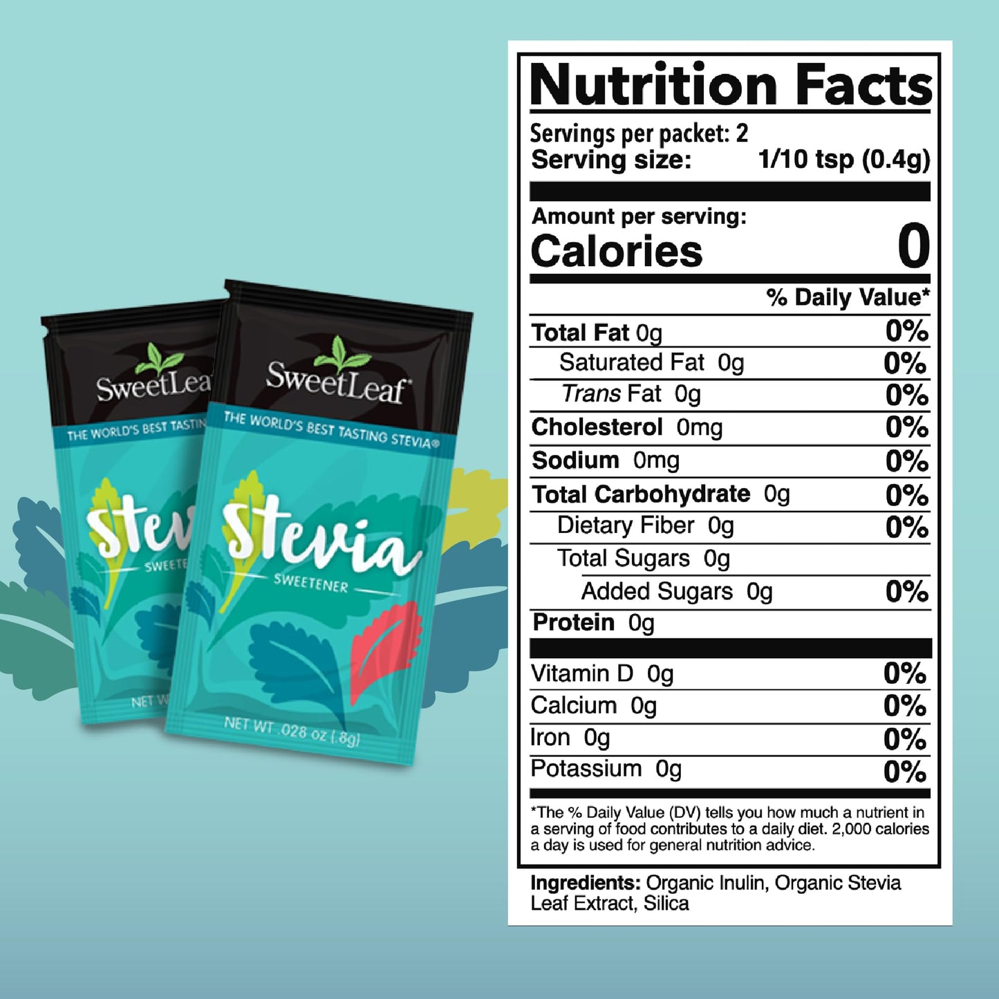 SweetLeaf Organic Stevia Sweetener 70 Count box showing organic and non-gmo certifications.