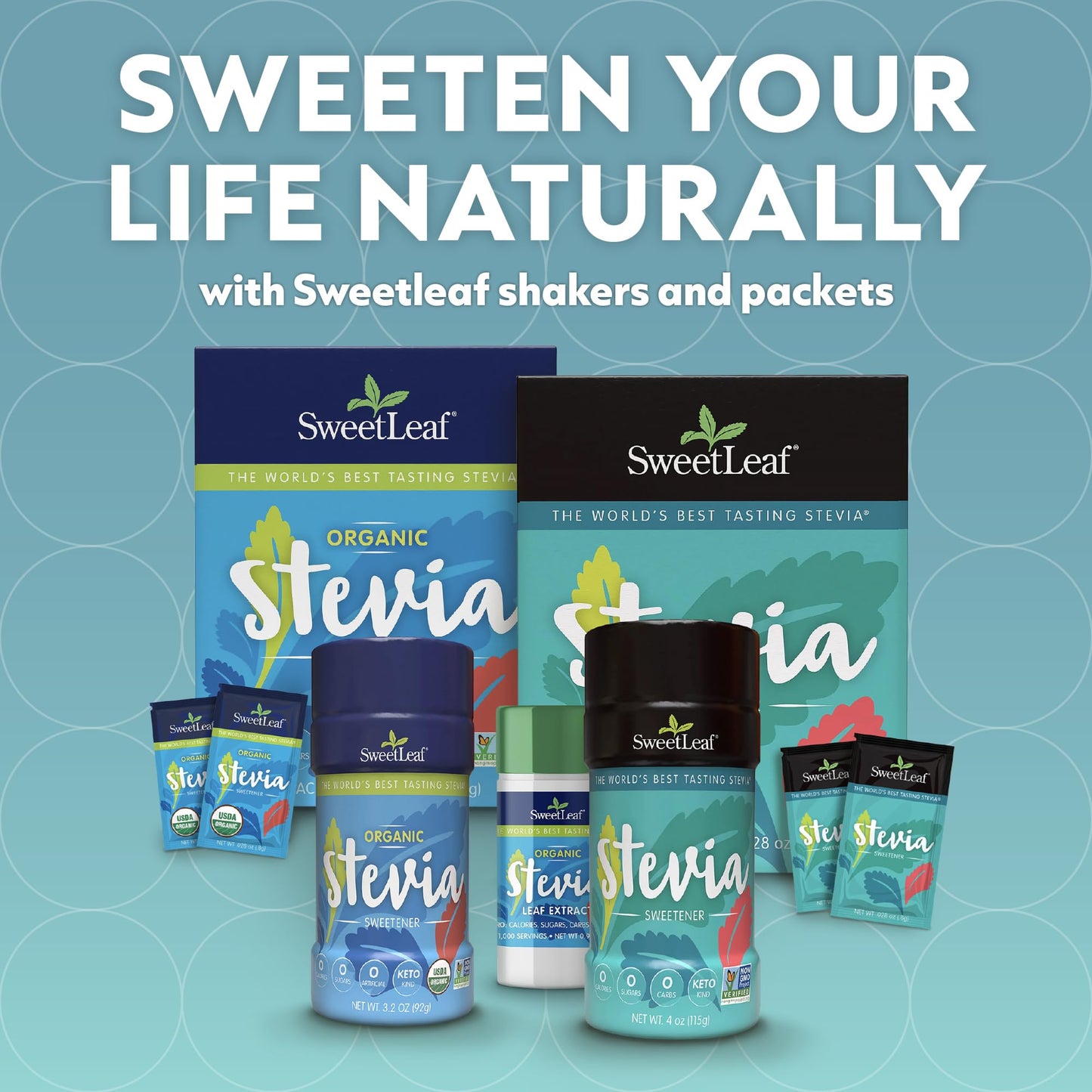 Close-up of individual SweetLeaf zero calorie sugar free sweetener packets.