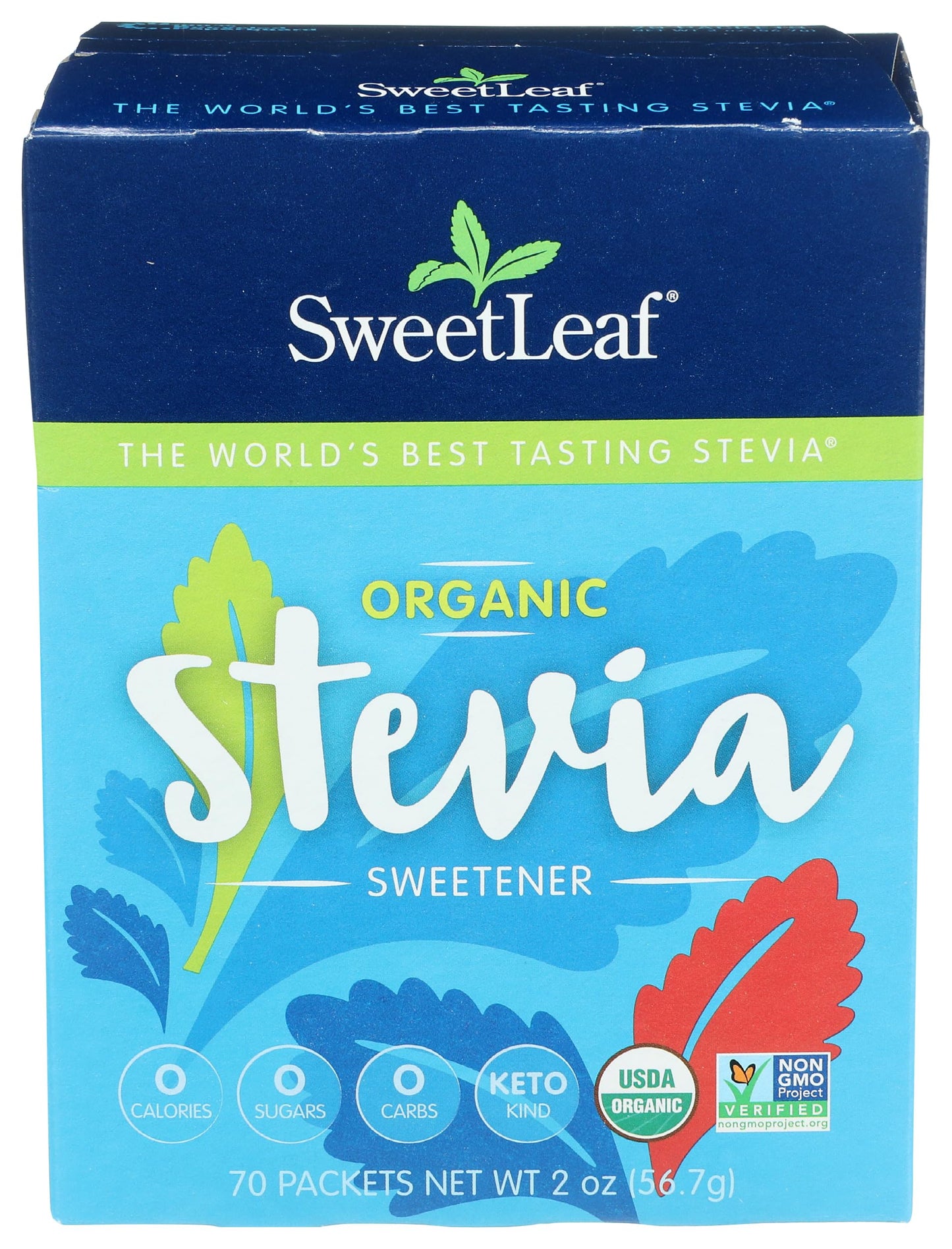 SweetLeaf stevia powder natural sweetener box displaying nutrition facts and ingredient list.