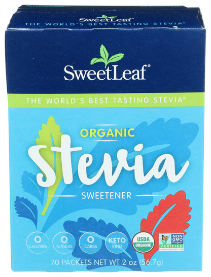 SweetLeaf stevia powder natural sweetener box displaying nutrition facts and ingredient list.