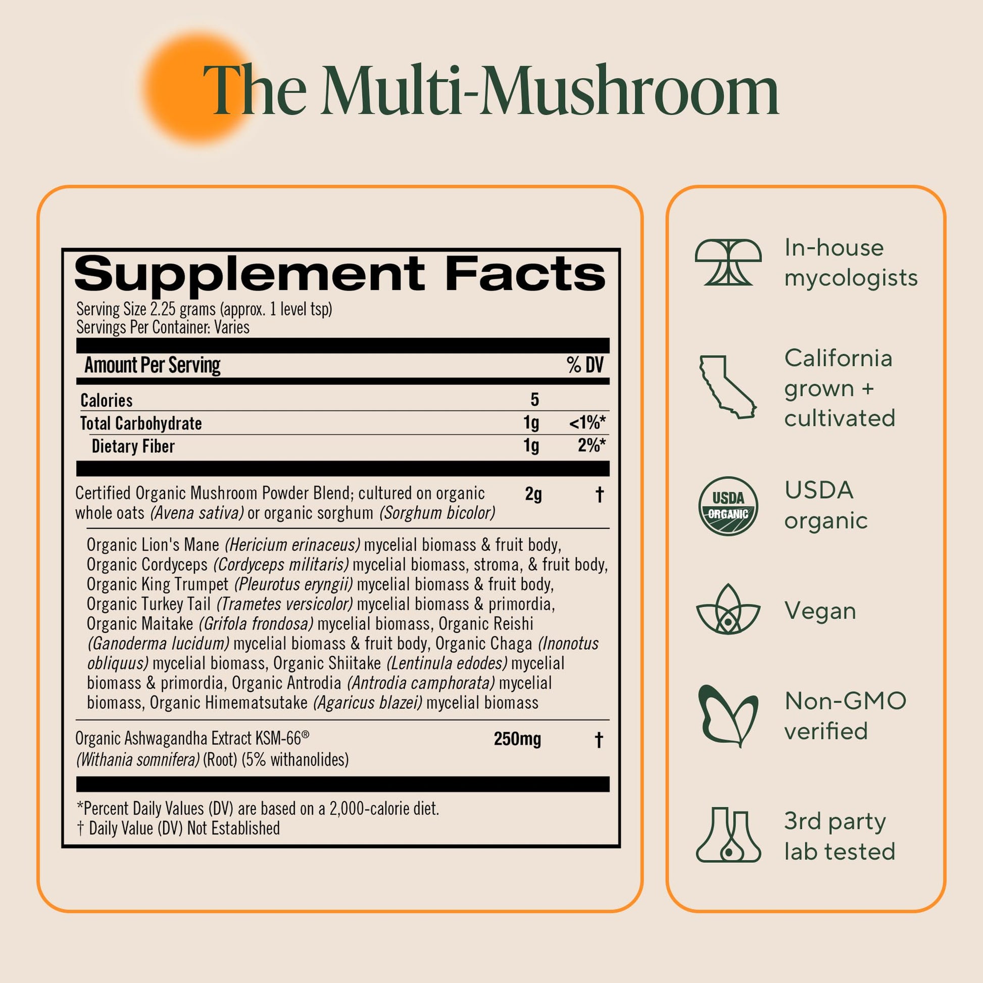 Back view of the ninety gram Om Mushroom Master Blend bag highlighting the USDA Organic and non-GMO project certifications.