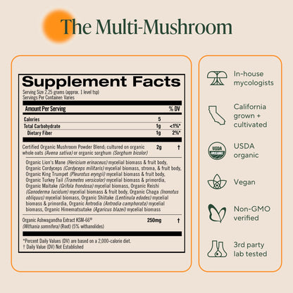 Back view of the ninety gram Om Mushroom Master Blend bag highlighting the USDA Organic and non-GMO project certifications.