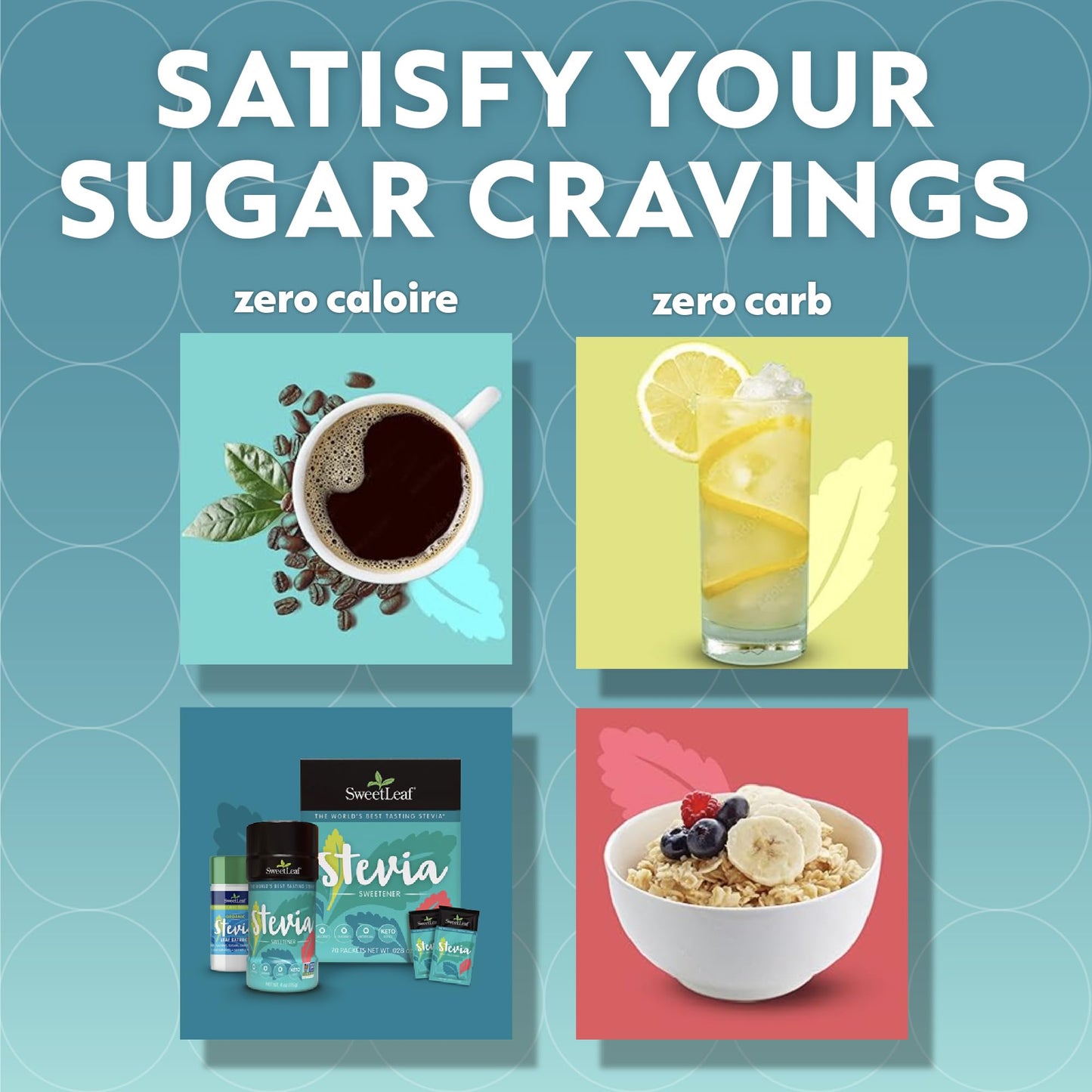 Side view of the SweetLeaf organic sugar substitute package highlighting zero carbs benefit.