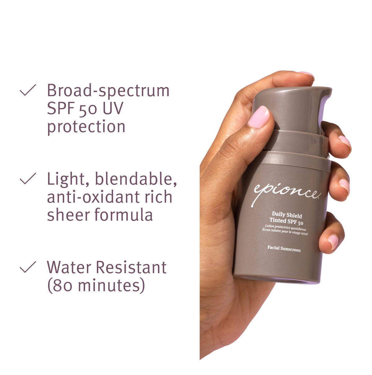 Epionce tinted mineral sunscreen tube side angle view