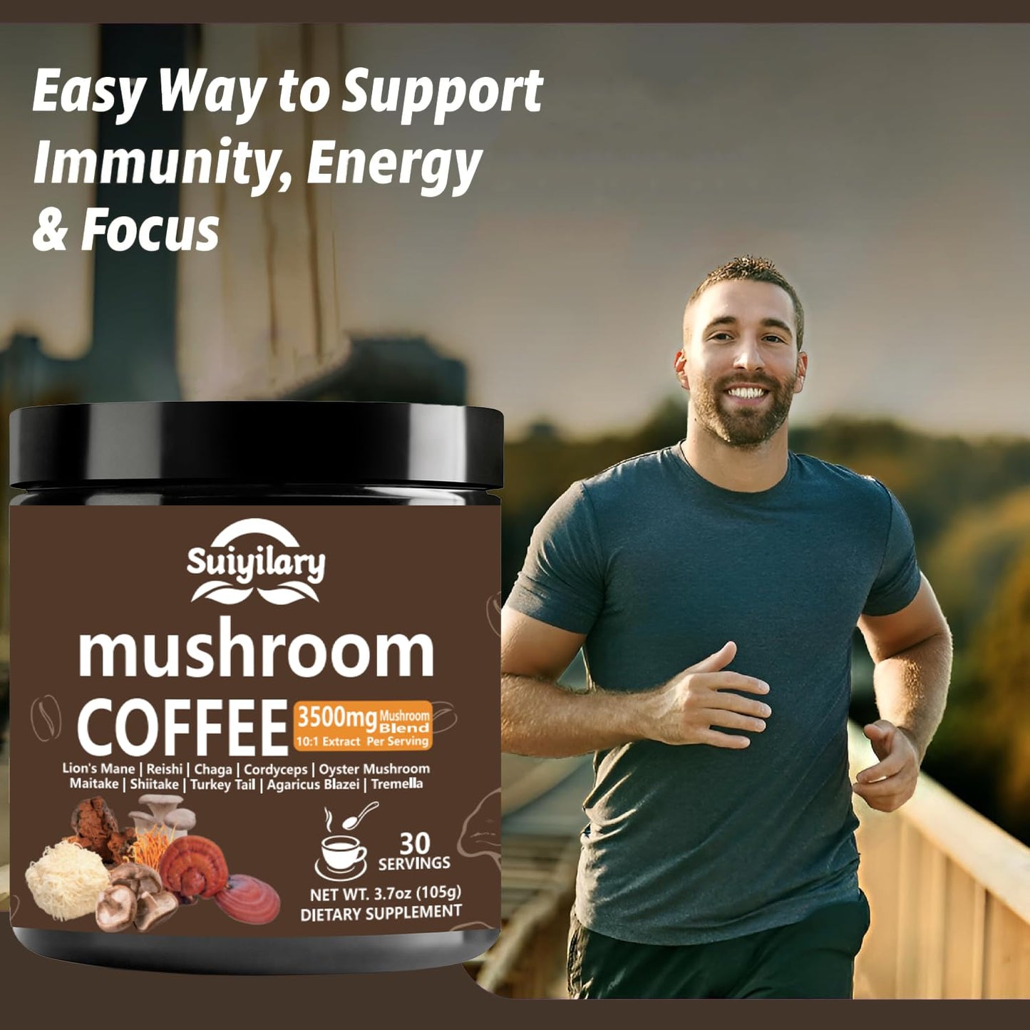 Suiyilary 10 in 1 mushroom coffee nutritional supplement facts label