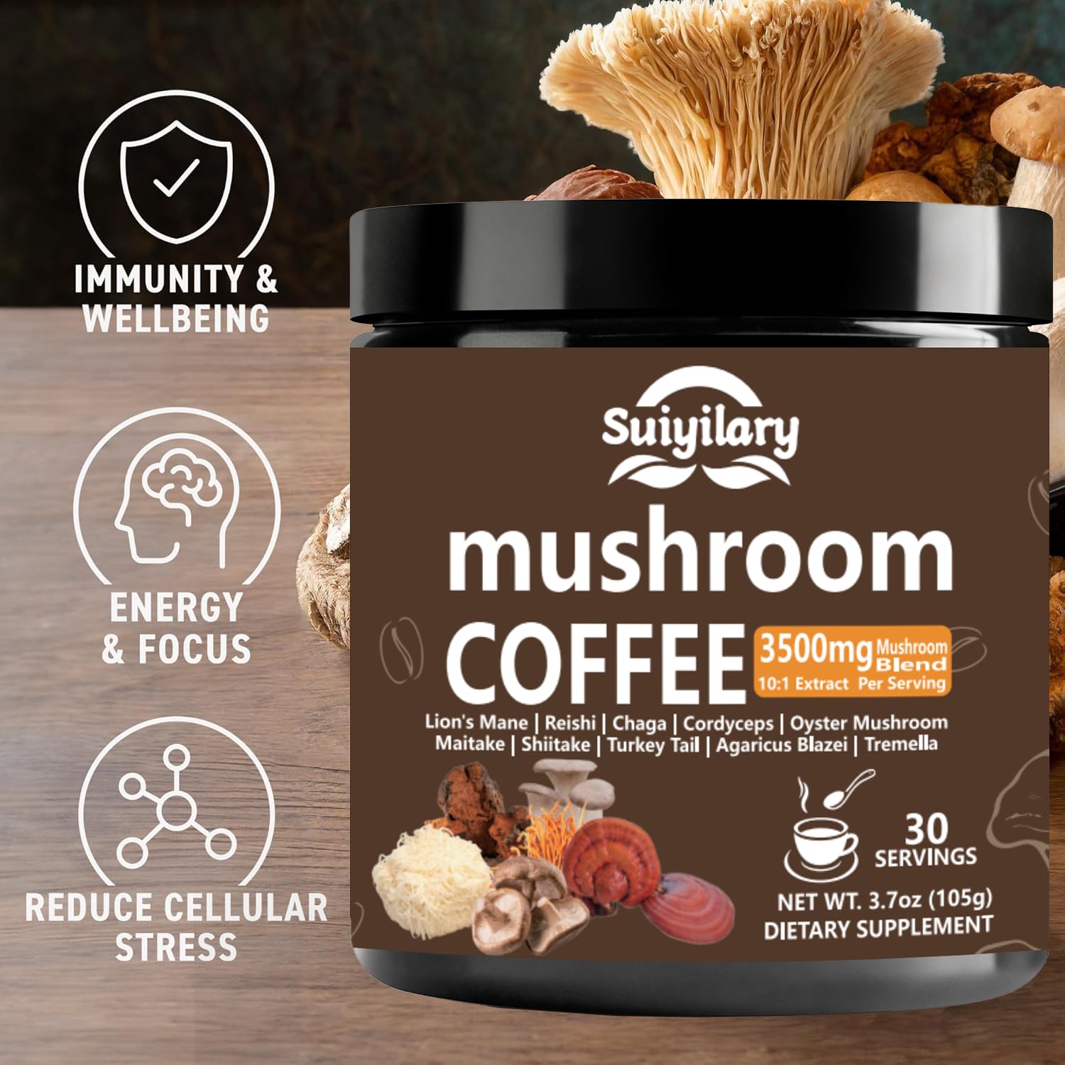 Suiyilary Lion's Mane and Reishi instant coffee preparation in a mug