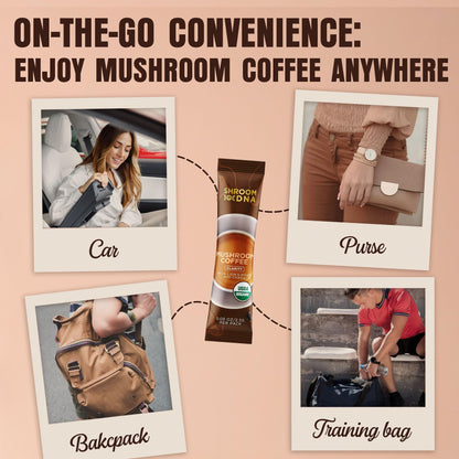 Premium Arabica instant mushroom coffee powder sachet being poured into a hot water mug