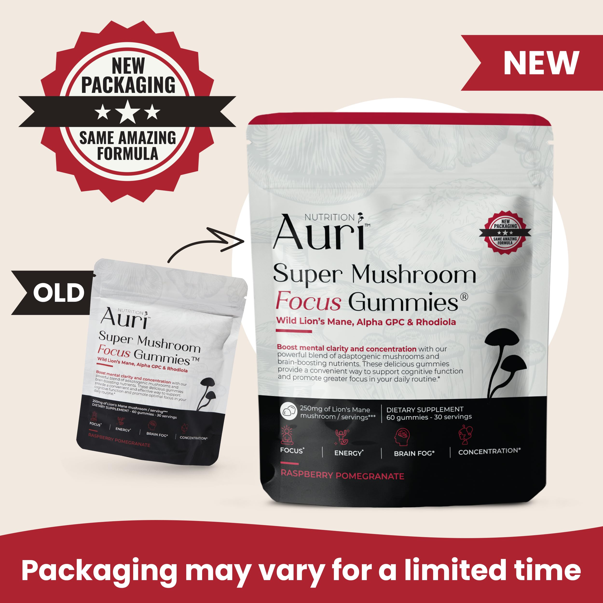 Auri premium mushroom gummies with Alpha GPC and Lions Mane for mental clarity