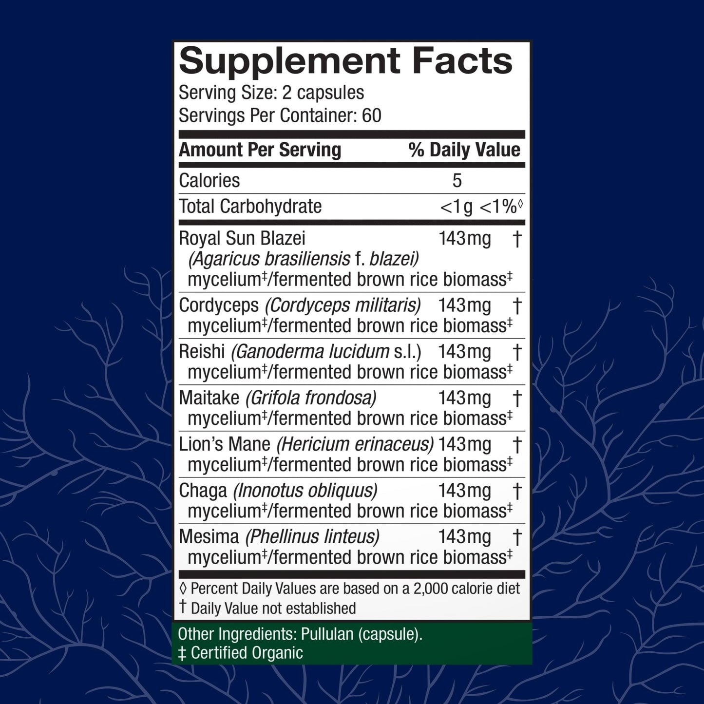 Host Defense Stamets 7 mushroom supplement bottle displaying the list of seven organic mushroom species