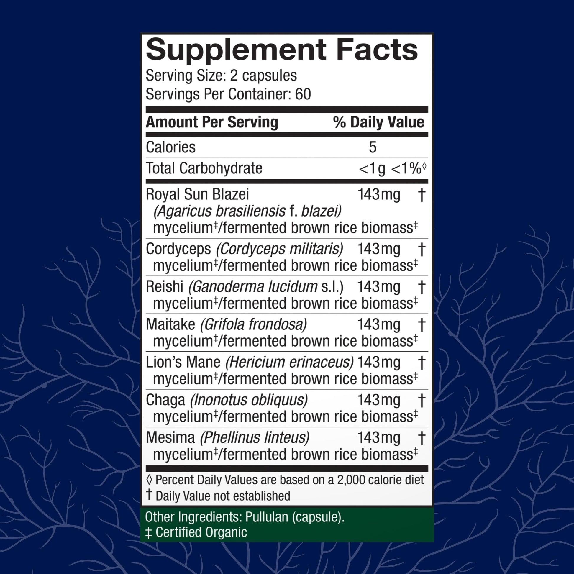 Host Defense Stamets 7 mushroom supplement bottle displaying the list of seven organic mushroom species
