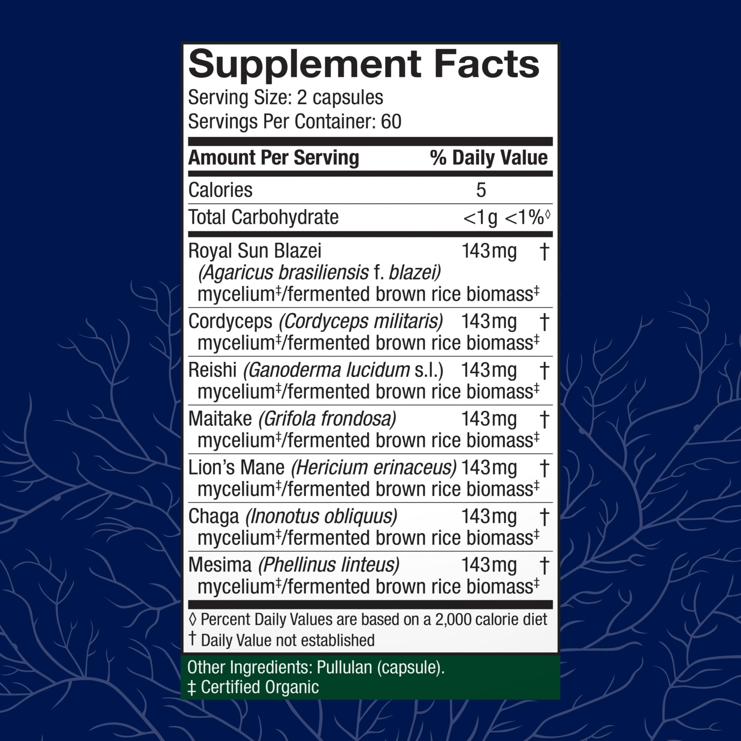 Host Defense Stamets 7 mushroom supplement bottle displaying the list of seven organic mushroom species