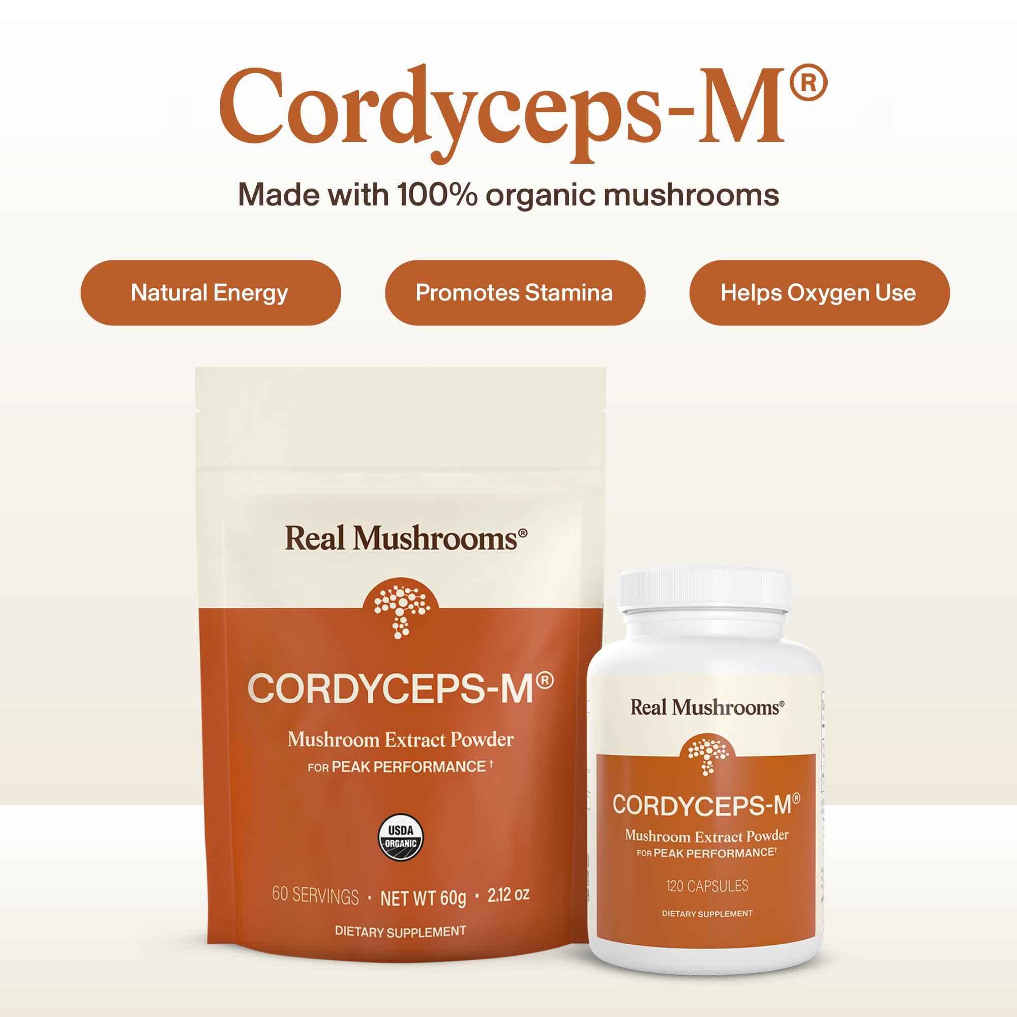 Real Mushrooms Cordyceps performance supplement supplement facts label showing organic ingredients