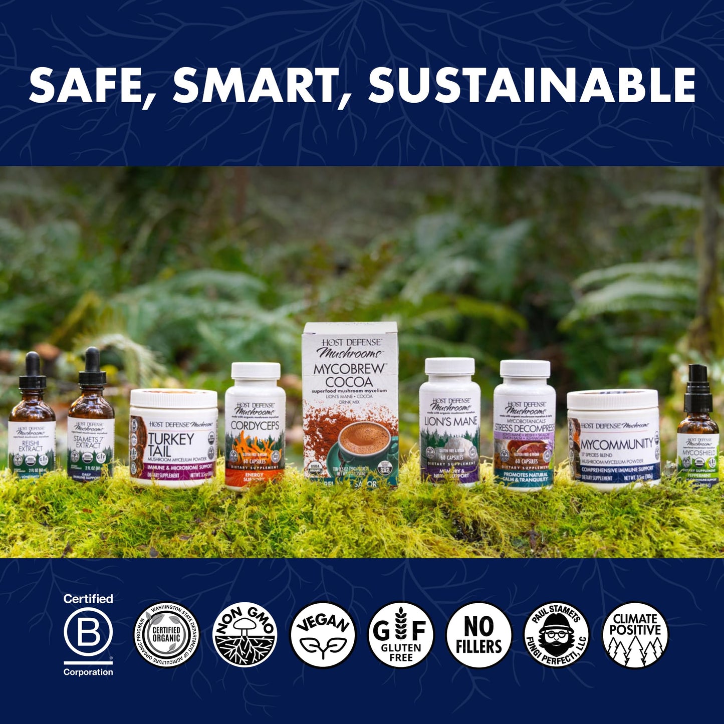Host Defense Stamets 7 mushroom complex bottle showcasing the premium USA-imported immune defense product