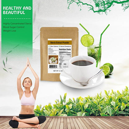 Highly concentrated zero calorie pure stevia powder back panel showing nutritional facts and serving size