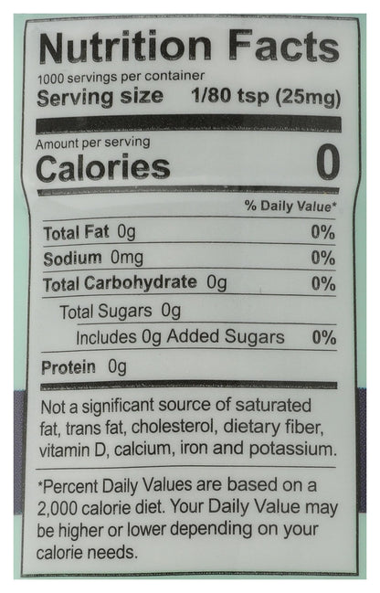 SweetLeaf Organic Stevia twenty-five gram shaker jar nutrition facts panel view
