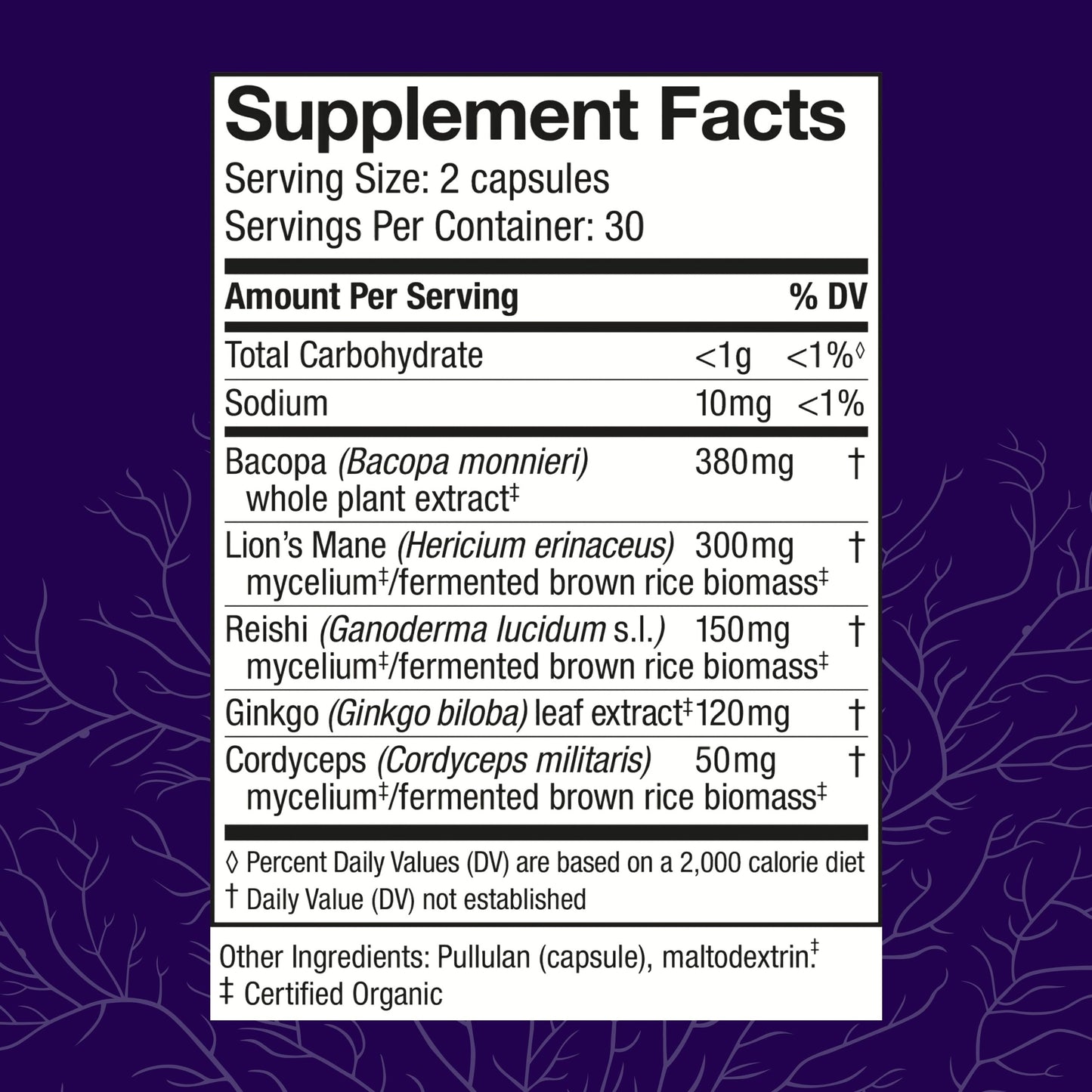 Host Defense MycoBotanicals Brain Supplement side label showing organic mushroom mycelium ingredients