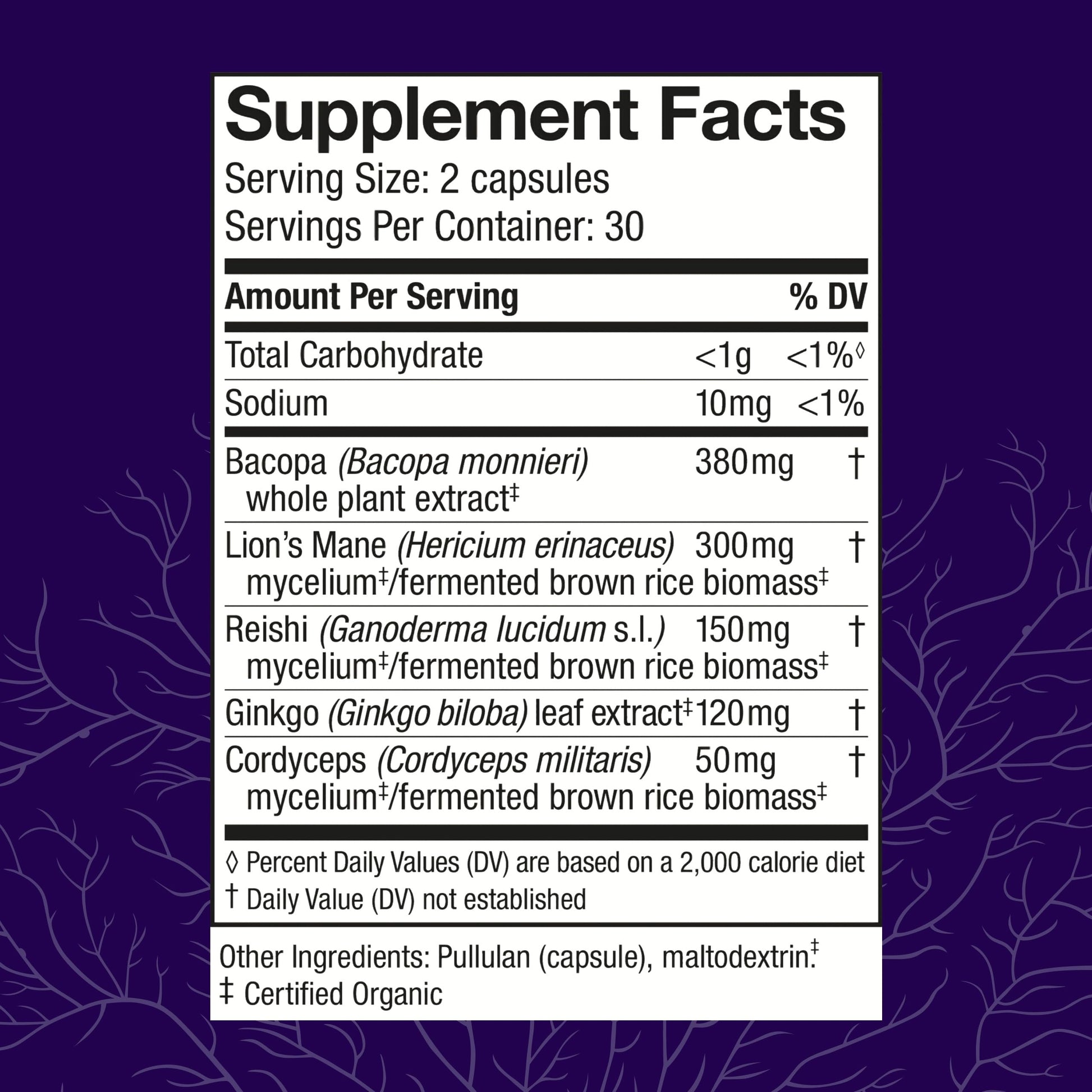 Host Defense MycoBotanicals Brain Supplement side label showing organic mushroom mycelium ingredients