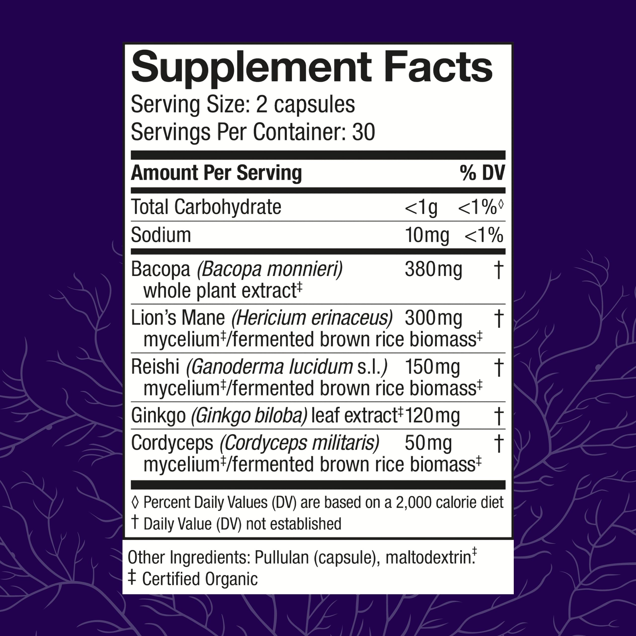 Host Defense MycoBotanicals Brain Supplement side label showing organic mushroom mycelium ingredients