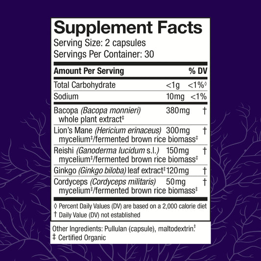 Host Defense MycoBotanicals Brain Supplement side label showing organic mushroom mycelium ingredients