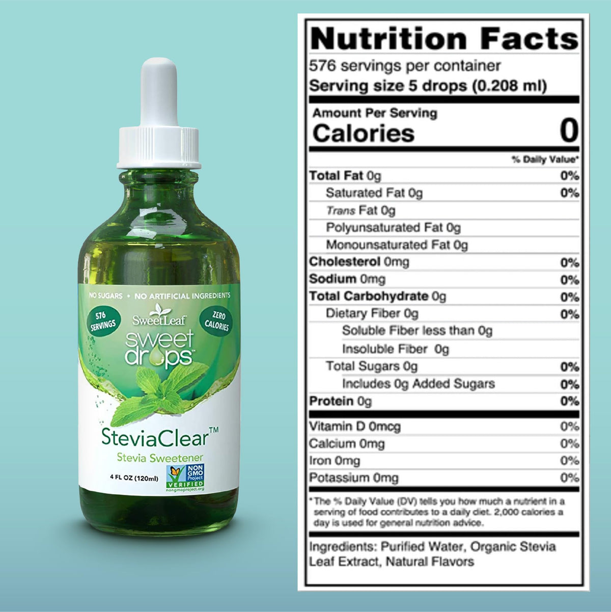 SweetLeaf zero calorie sugar alternative dropper bottle being added to a hot cup of morning coffee.