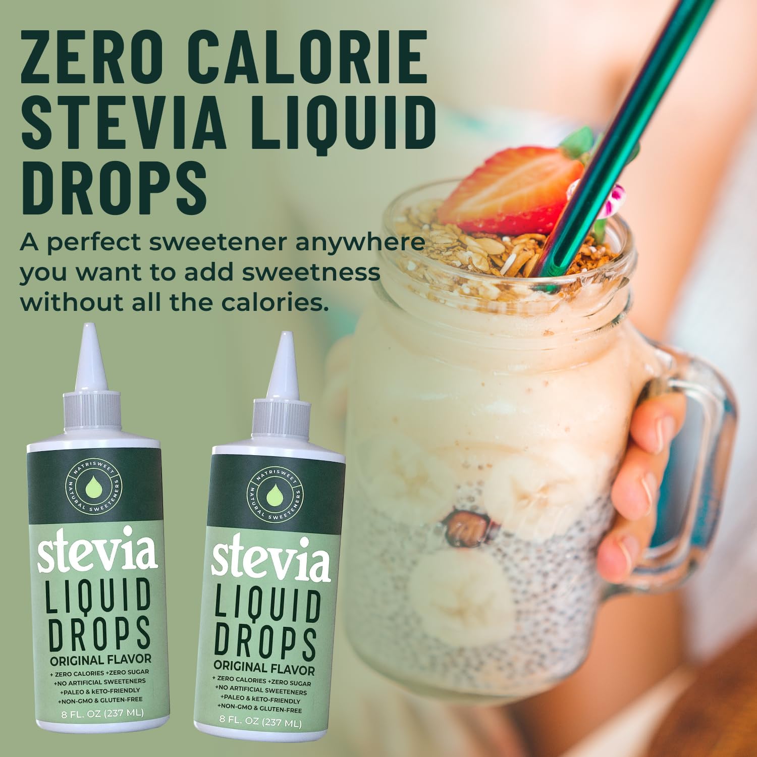 Authentic USA imported NatriSweet stevia leaf extract liquid sweetener placed next to a hot cup of coffee.