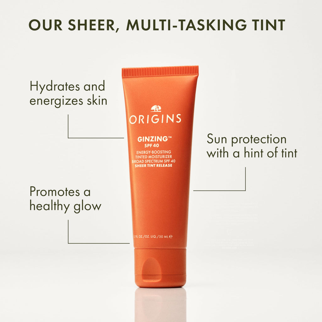 Origins GinZing SPF 40 tinted moisturizer tube side angle showing size