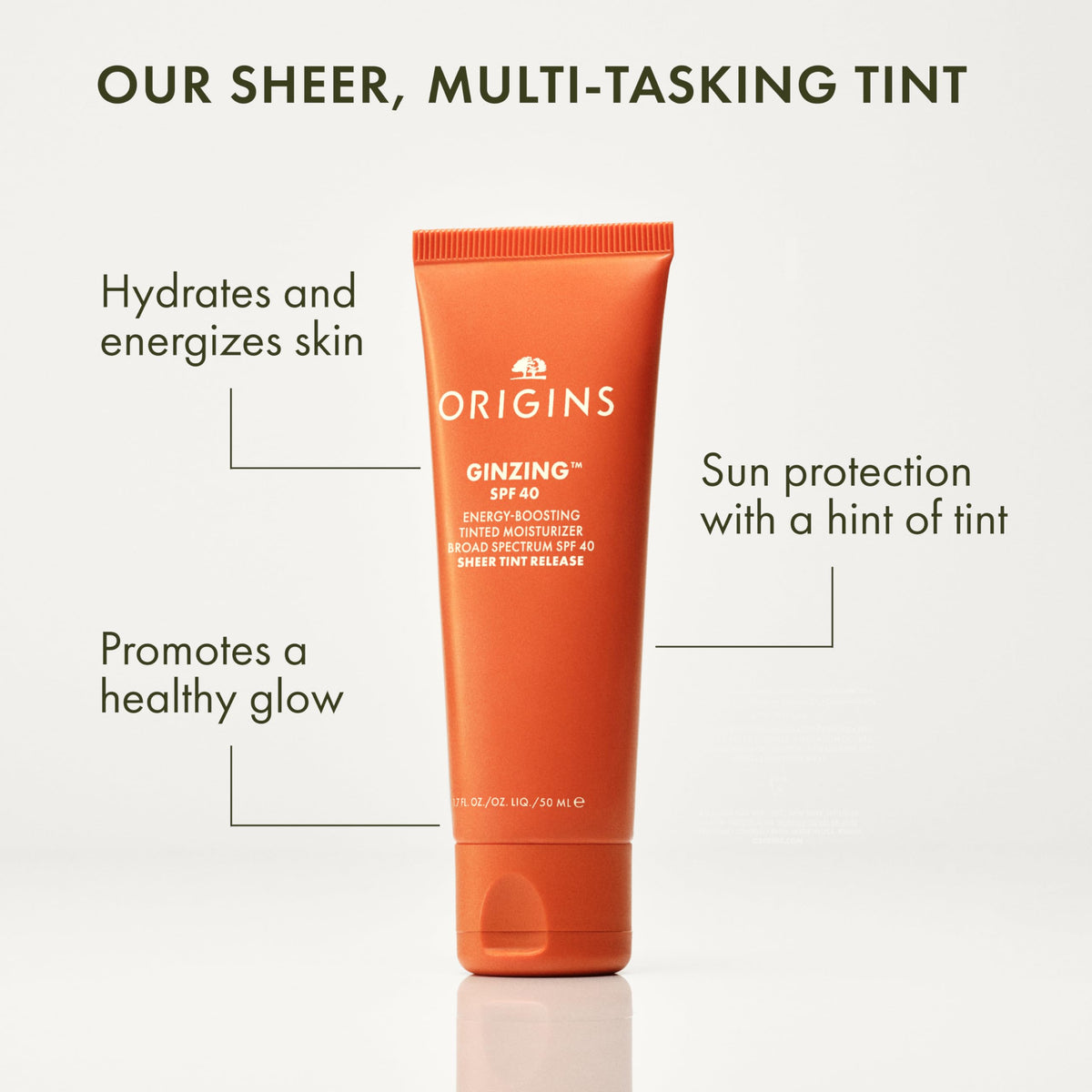 Origins GinZing SPF 40 tinted moisturizer tube side angle showing size