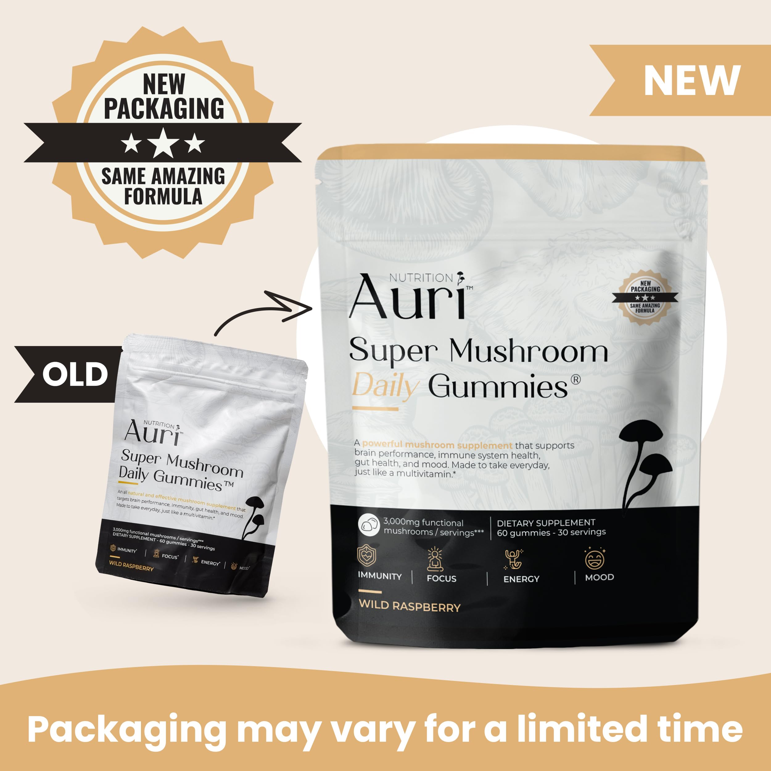Twelve mushroom blend wellness supplement packaging by Auri Nutrition.
