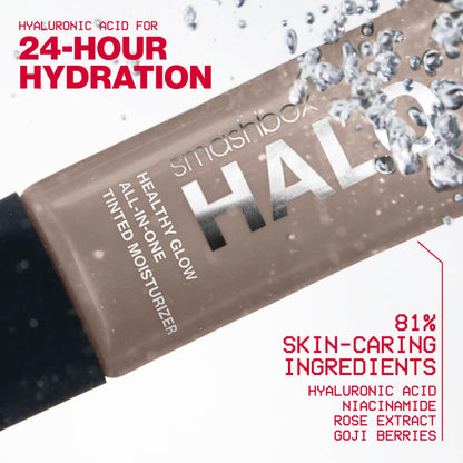 Smashbox Halo Tinted Moisturizer tube with cap off showcasing the product dispensing tip