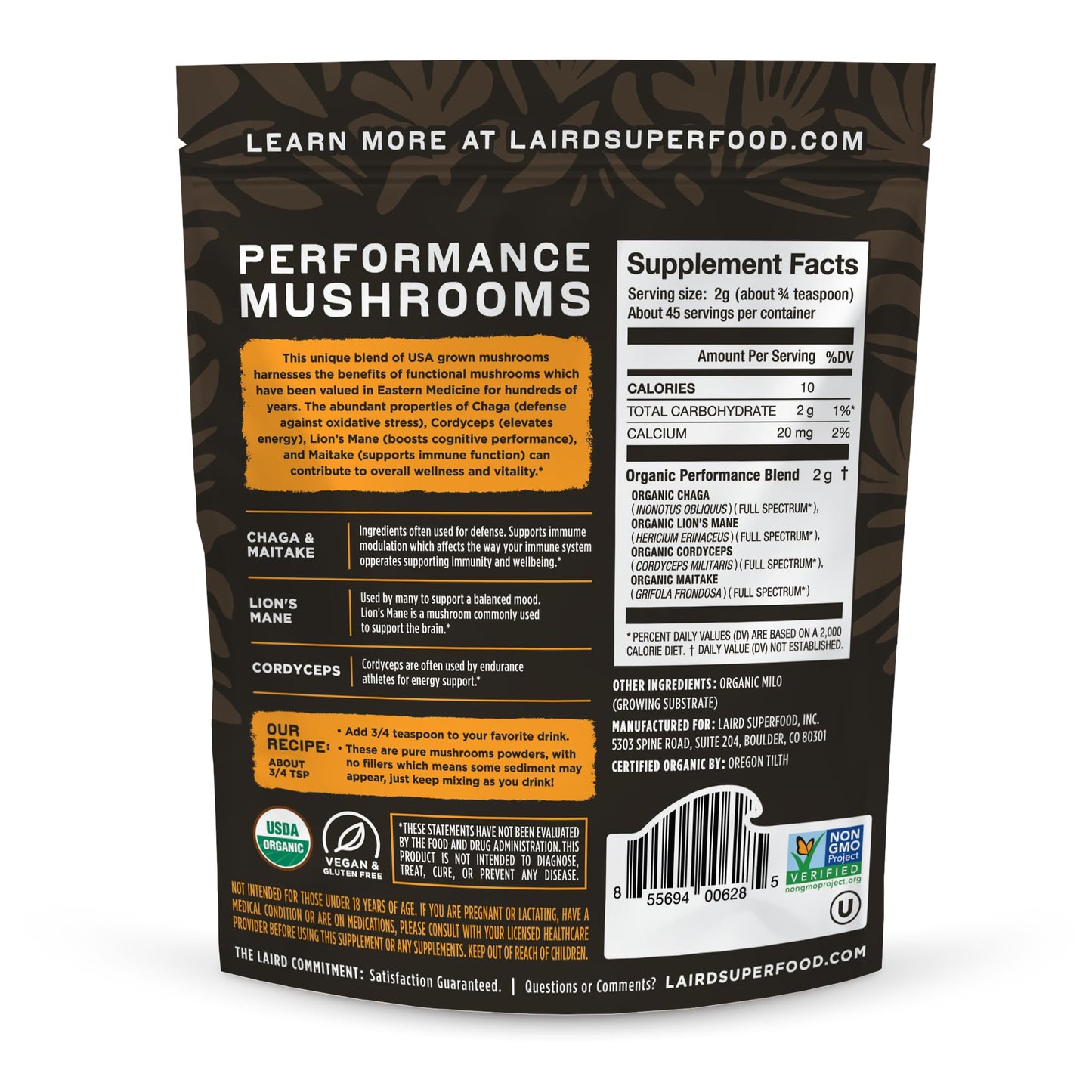 Laird Superfood functional mushroom powder bag highlighting energy and cognition benefits.