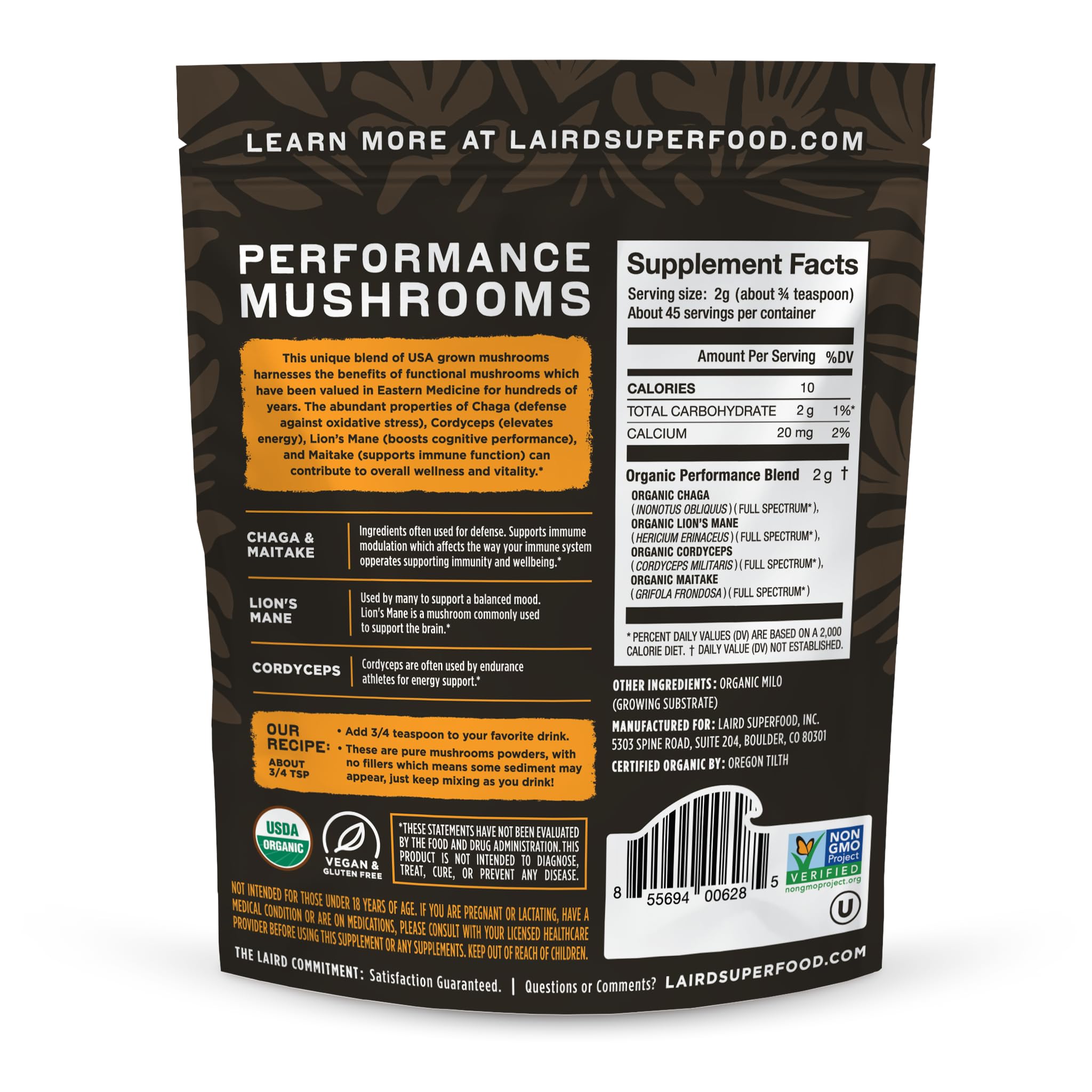 Laird Superfood functional mushroom powder bag highlighting energy and cognition benefits.