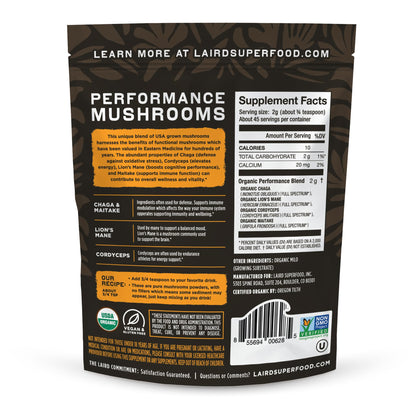 Laird Superfood functional mushroom powder bag highlighting energy and cognition benefits.