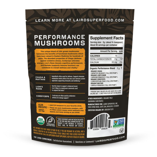 Laird Superfood functional mushroom powder bag highlighting energy and cognition benefits.