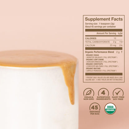 Organic mushroom blend packaging displaying chaga cordyceps lions mane and maitake ingredients.