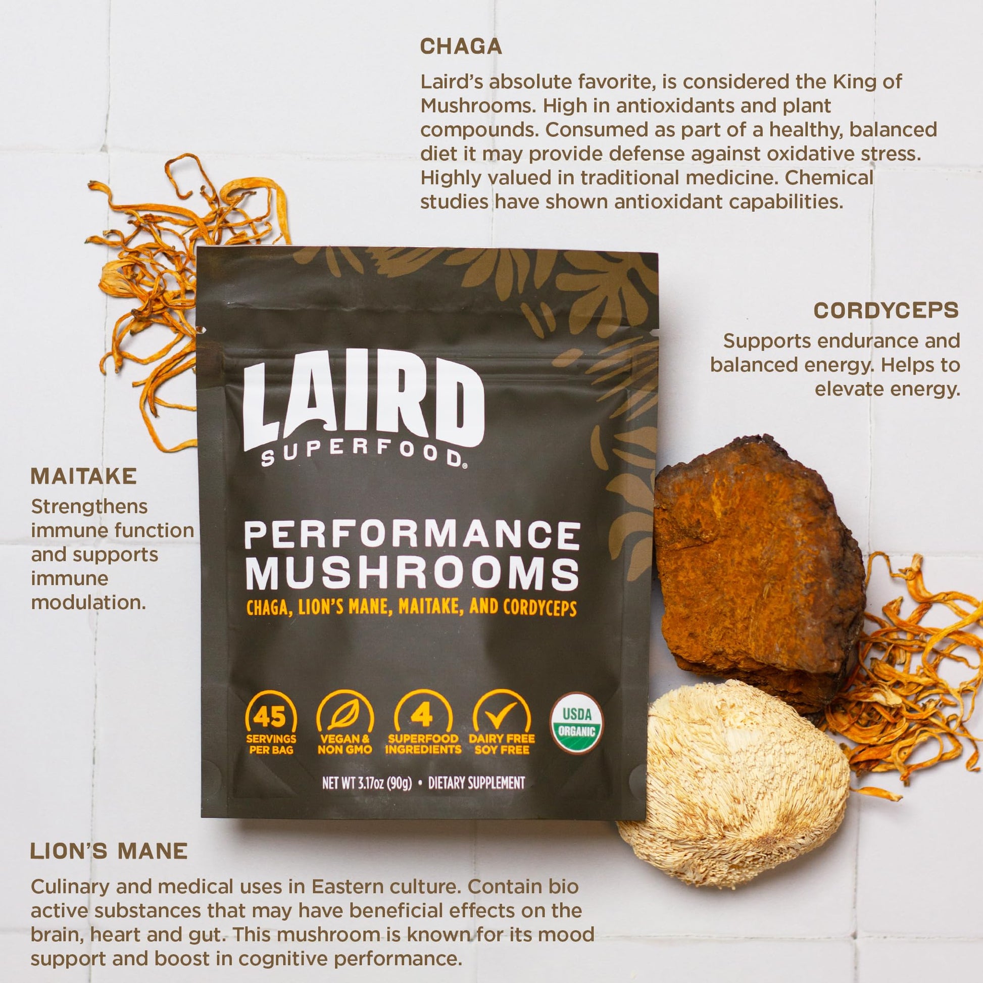 Laird Superfood supplement bag showing certified USDA organic and vegan seals.